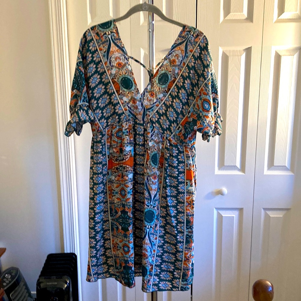 Dark green bohemian style dress with sleeve ruffle